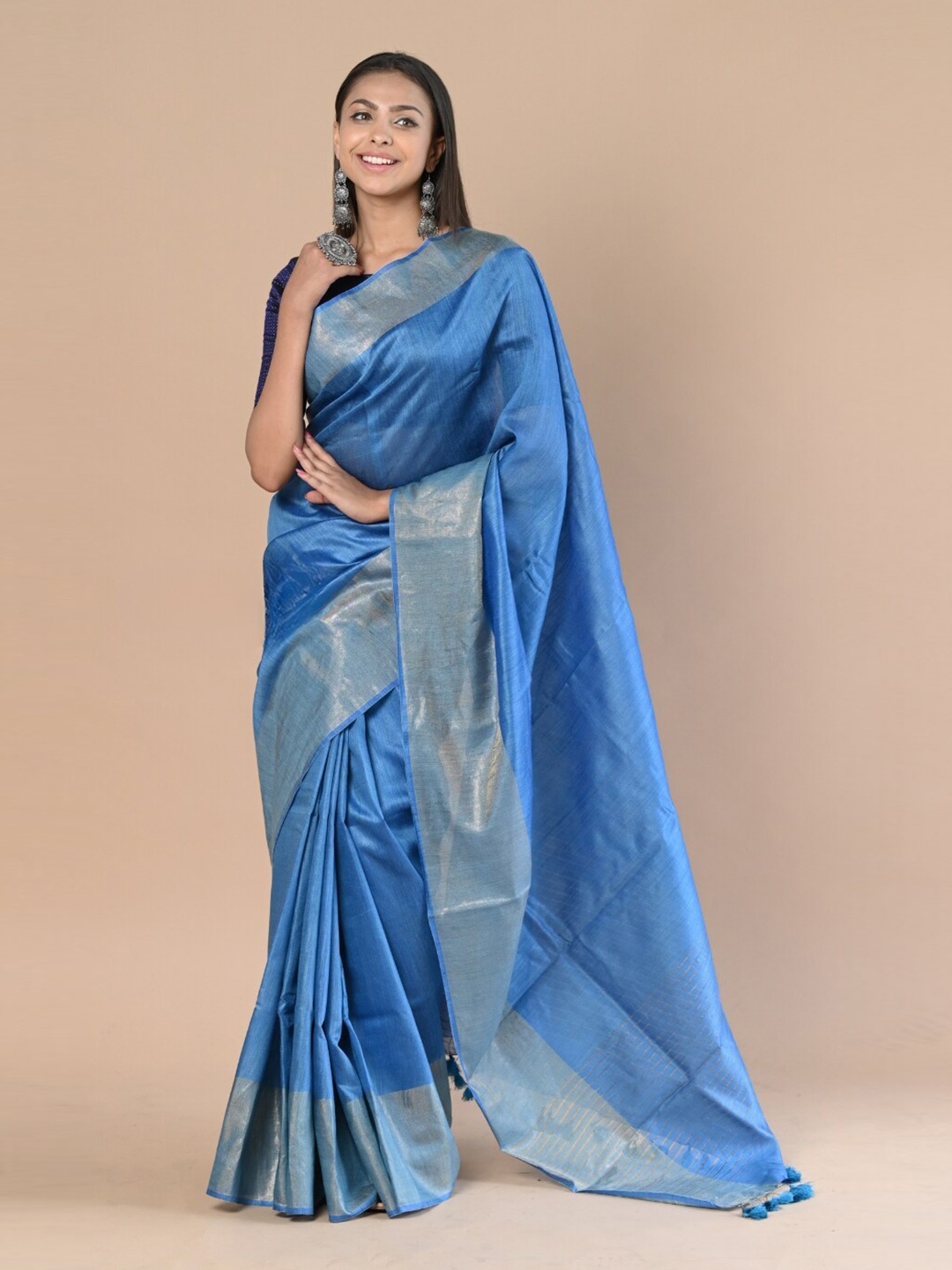 

Very Much Indian Woven Design Zari Pure Silk Tussar Saree With Blouse Piece, Blue