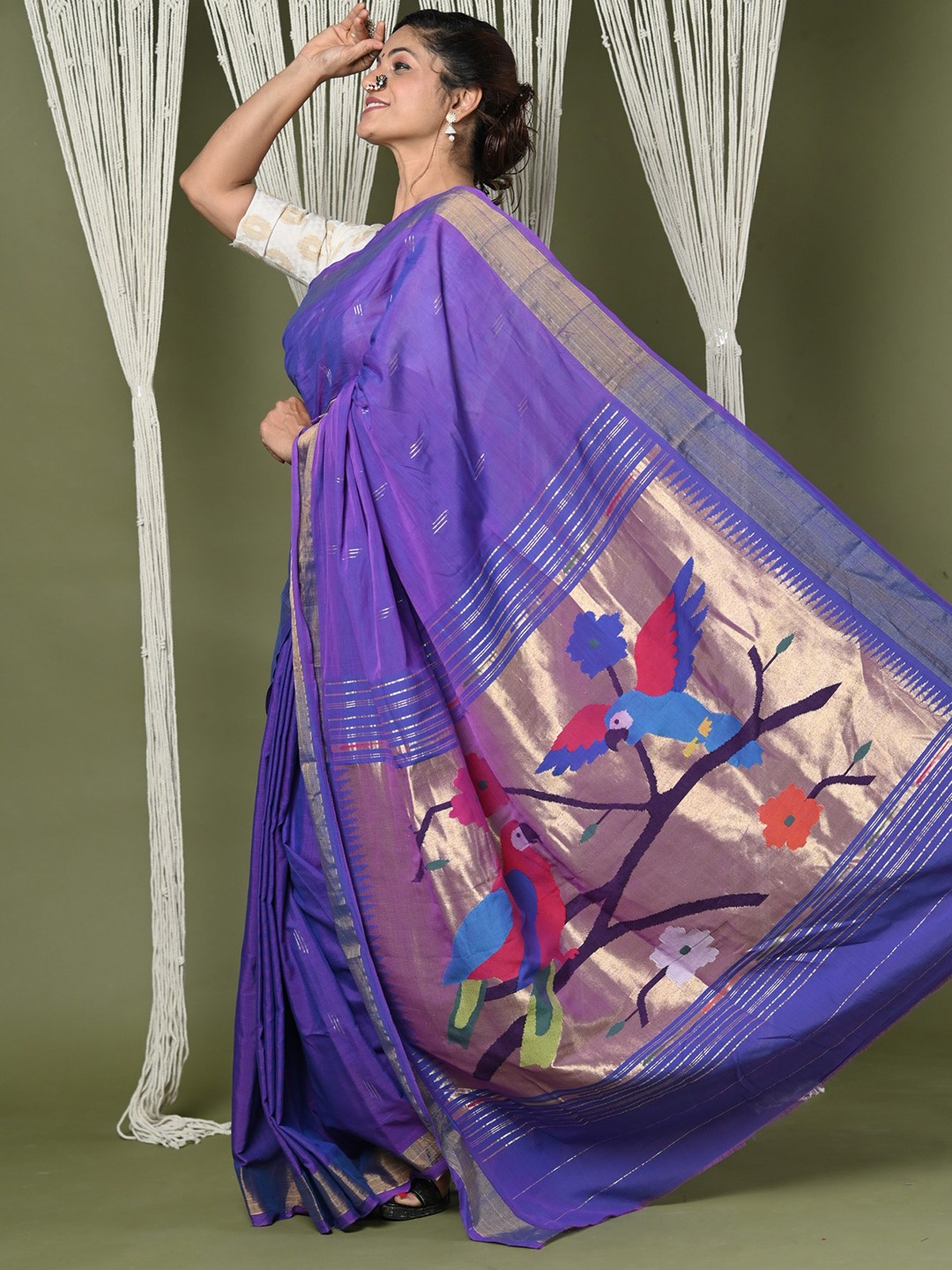 

Very Much Indian Ethnic Motif Woven Design Zari Pure Cotton Paithani Saree, Purple