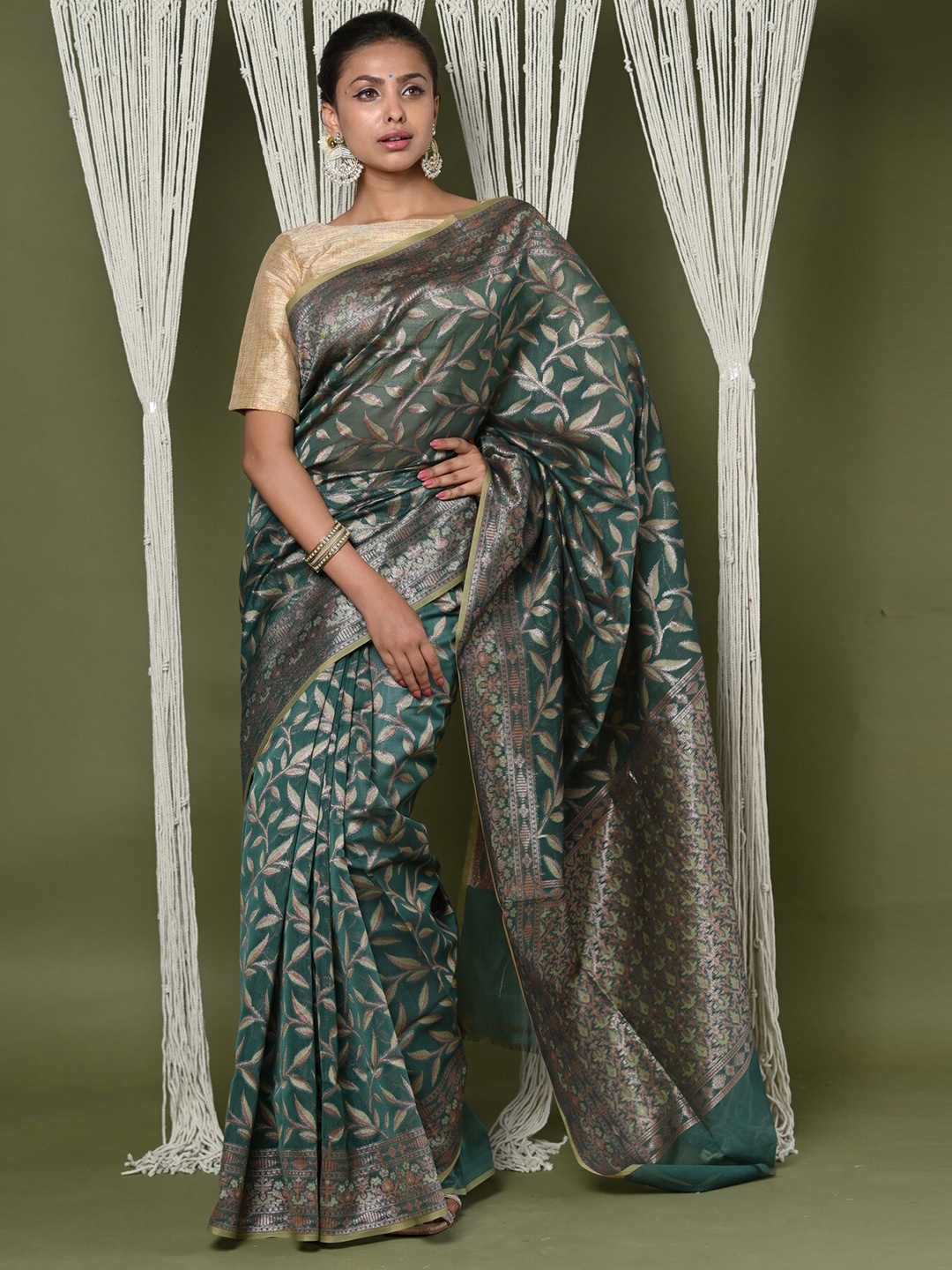 

Very Much Indian Ethnic Motif Zari Pure Cotton Banarasi Saree, Green