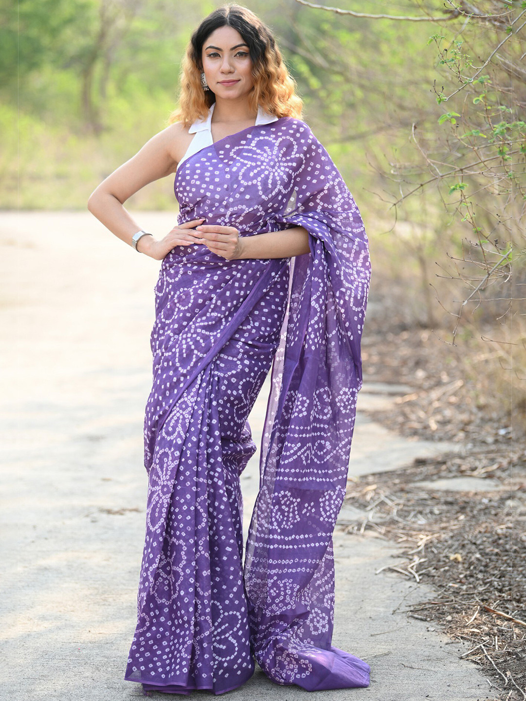 

Very Much Indian Bandhani Printed Pure Cotton Saree, Purple