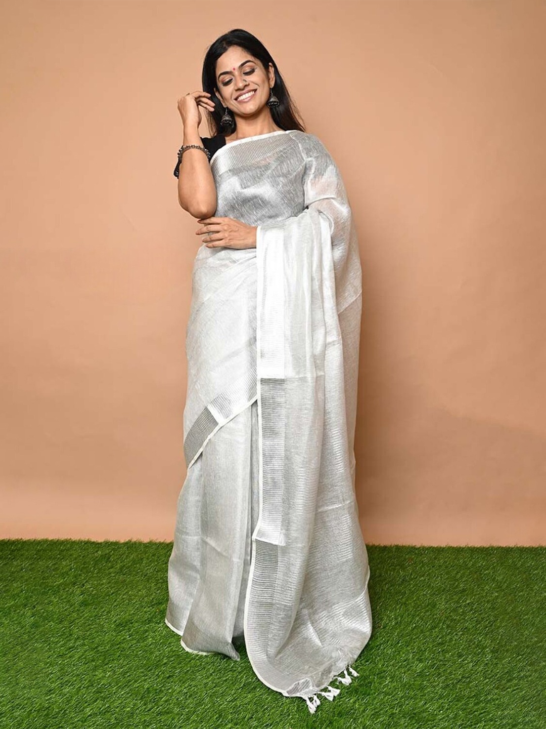 

Very Much Indian Zari Pure Linen Saree, White