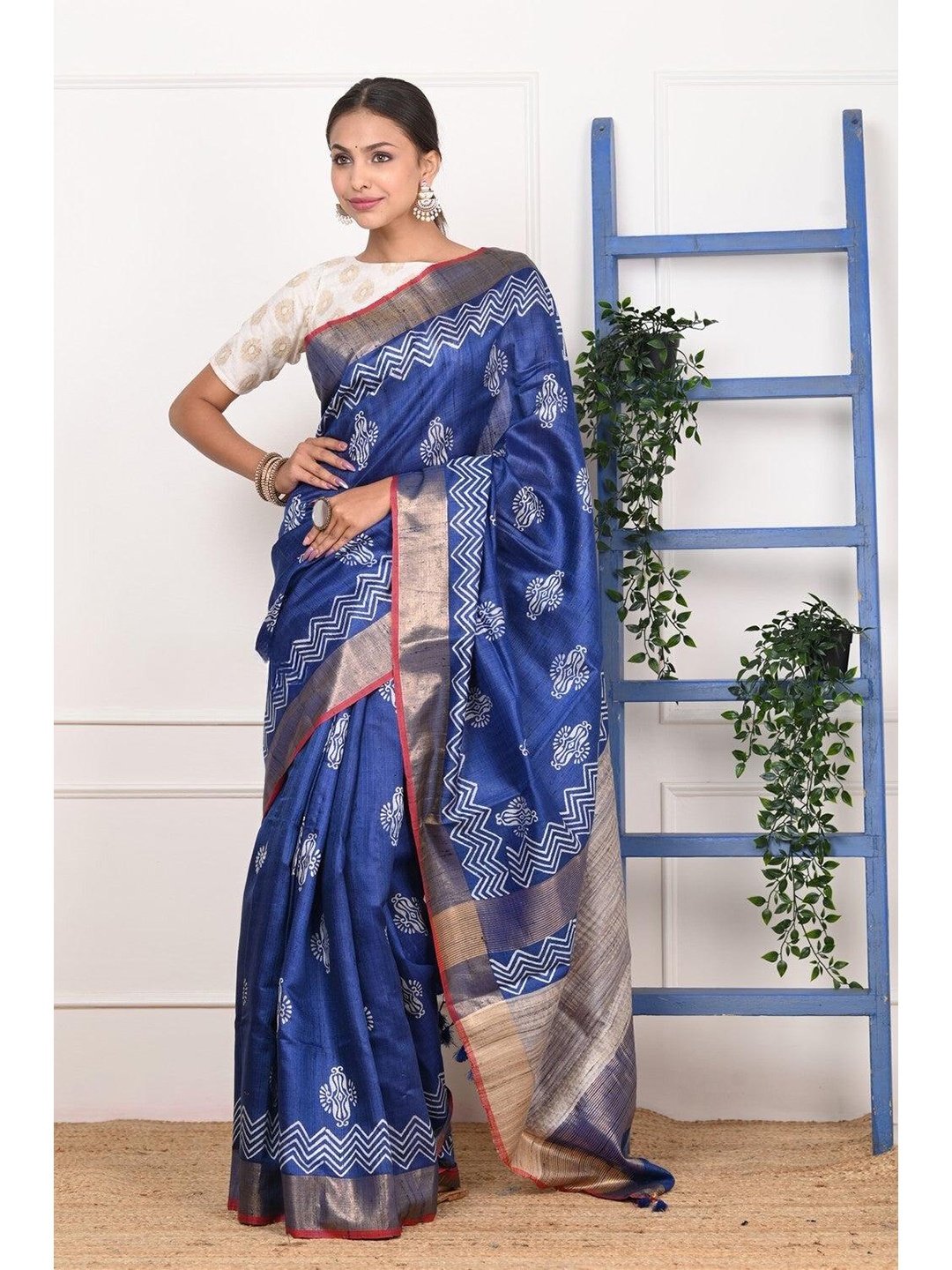 

Very Much Indian Ethnic Motif Zari Pure Silk Saree With Blouse Piece, Blue