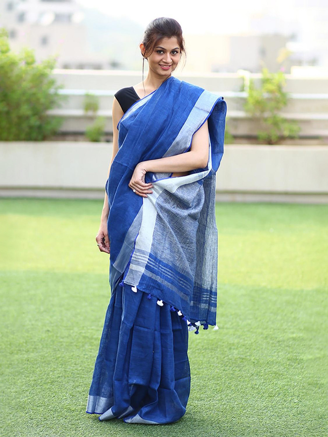 

Very Much Indian Pure Linen Saree, Blue