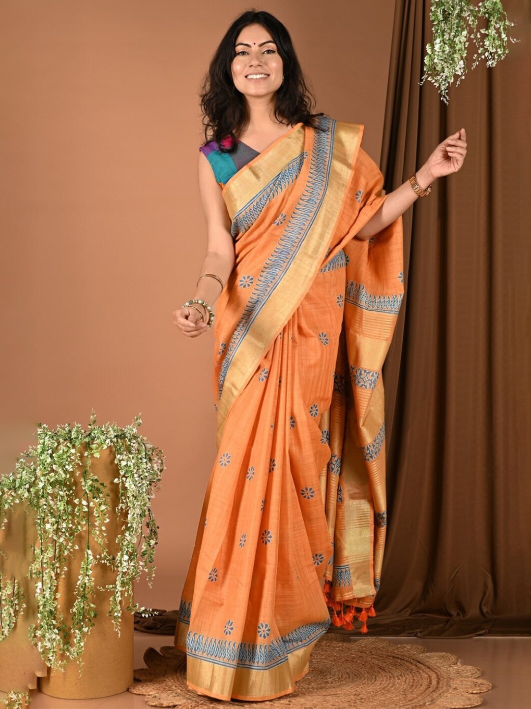 

Very Much Indian thnic Motifs Zari Pure Cotton Saree With Blouse Piece, Orange