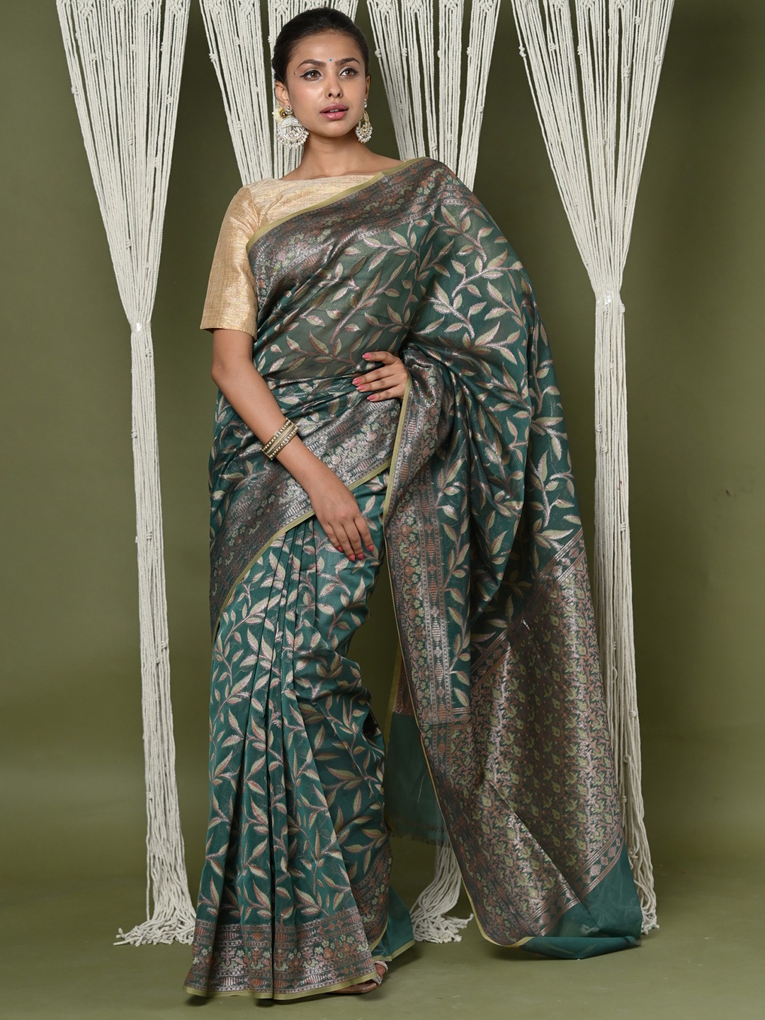 

Very Much Indian Floral Woven Design Zari Pure Cotton Banarasi Saree, Green