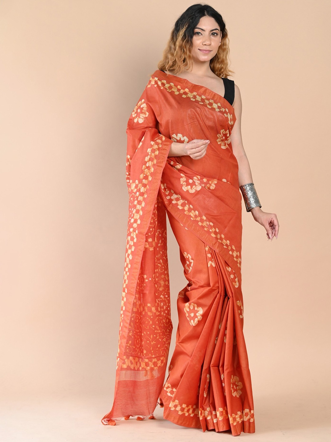 

Very Much Indian Batik Zari Pure Cotton Handloom Bandhani Saree, Orange
