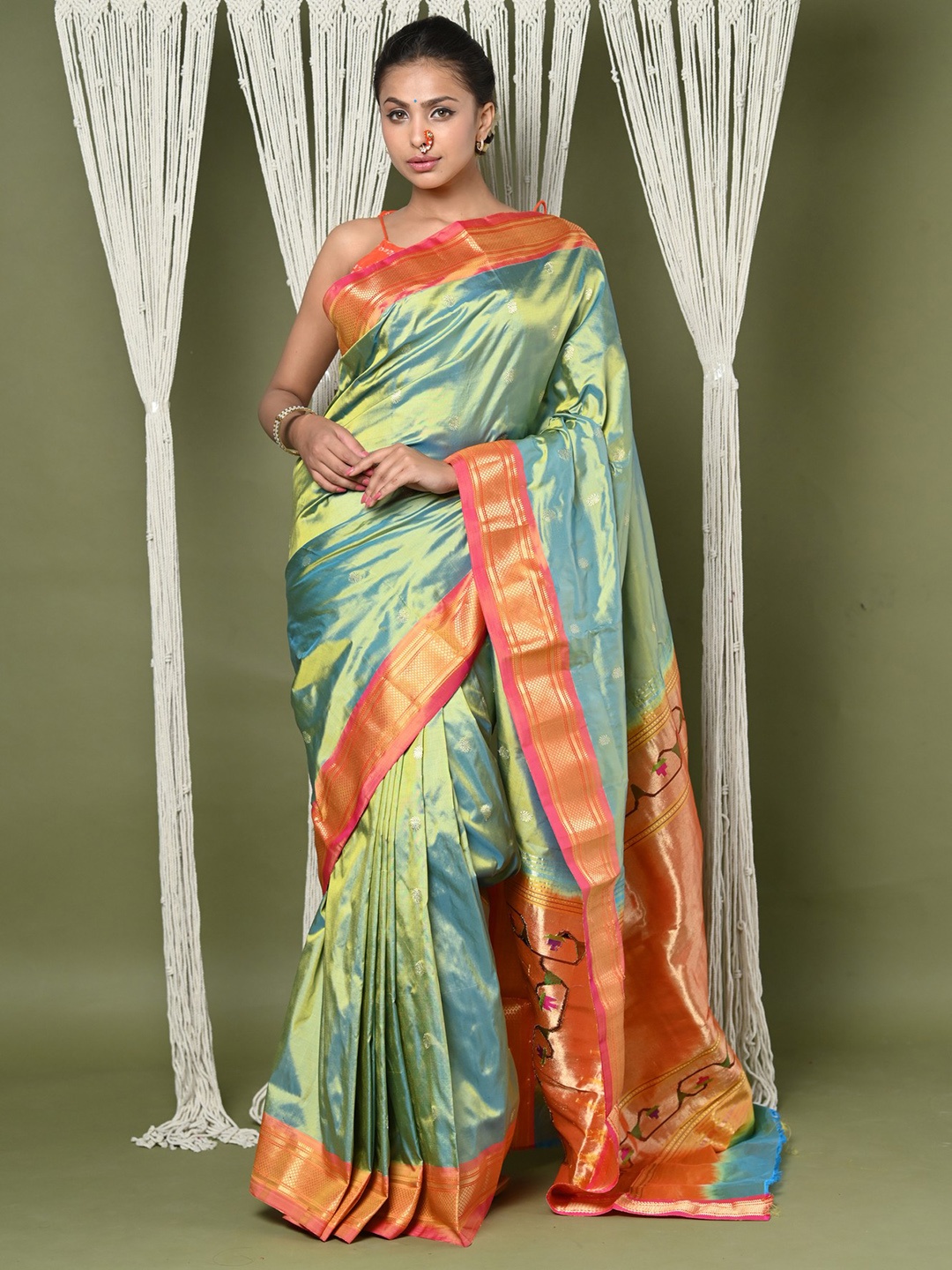 

Very Much Indian Floral Woven Design Zari Pure Silk Handloom Paithani Saree, Sea green