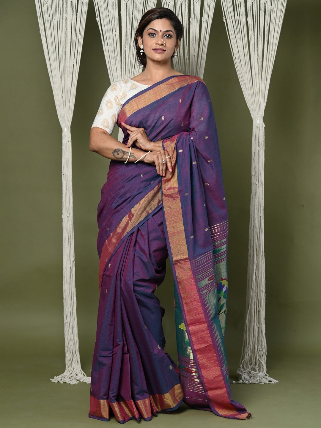 

Very Much Indian Floral Zari Pure Cotton Paithani Saree With Blouse Piece, Purple