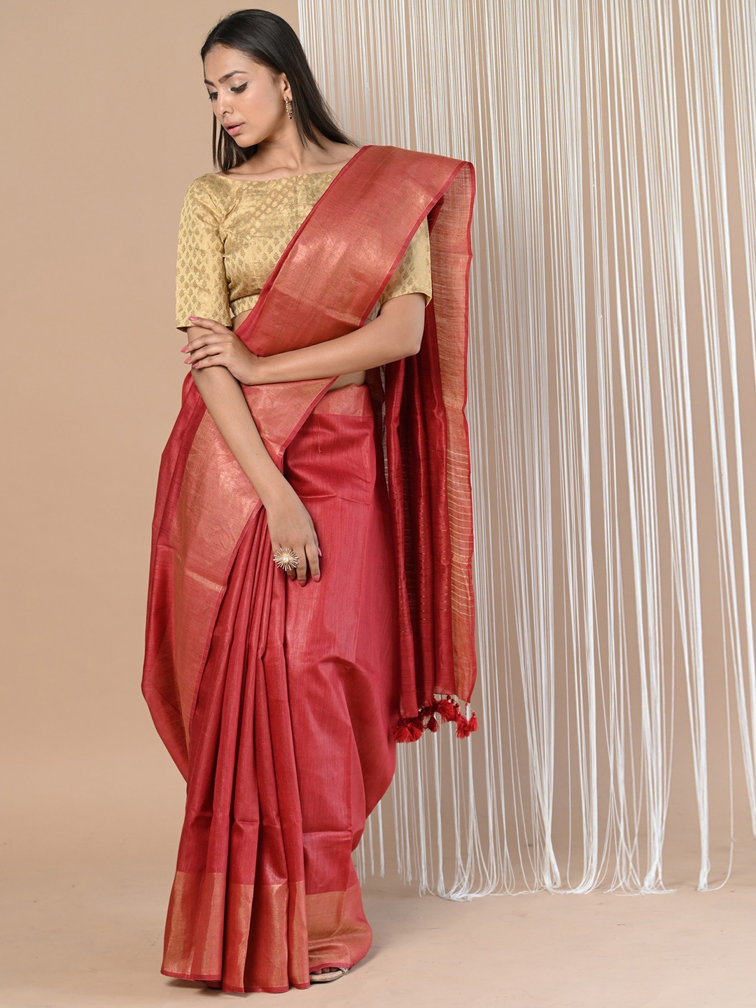 

Very Much Indian Zari Pure Silk Tussar Saree, Peach