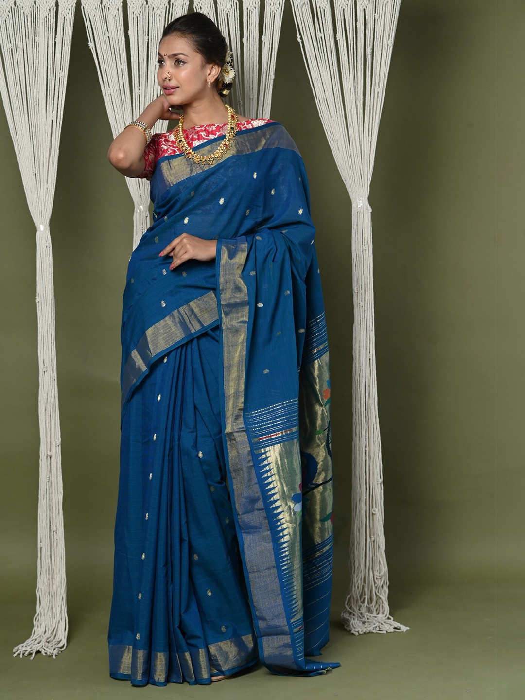 

Very Much Indian Woven Design Zari Pure Cotton Handloom Paithani Saree, Blue