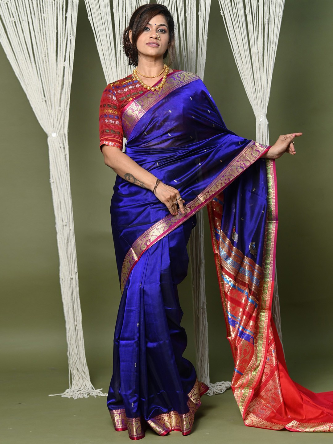 

Very Much Indian Ethnic Motif Woven Design Zari Pure Cotton Paithani Saree, Blue