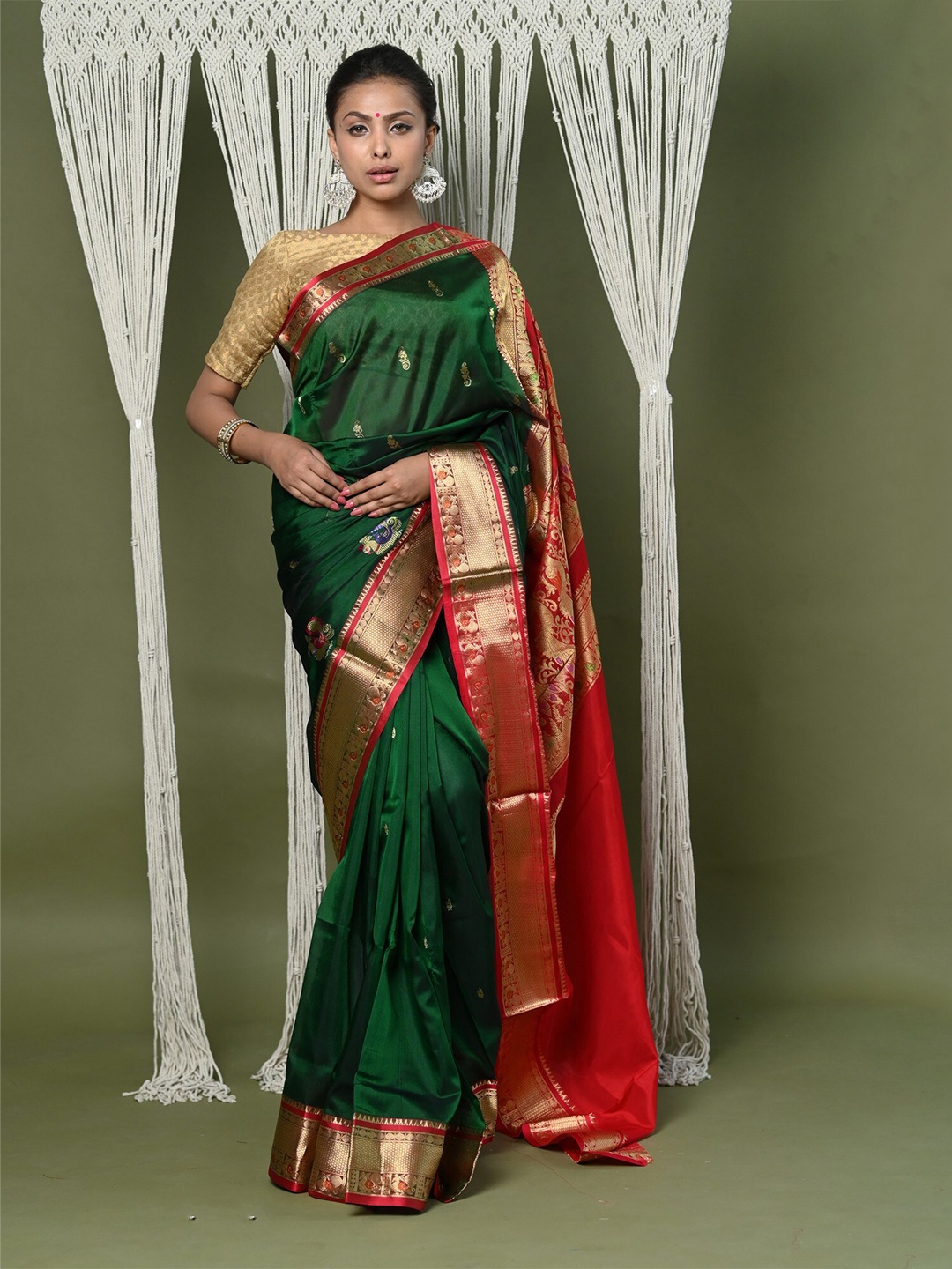 

Very Much Indian Ethnic Motifs Woven Pure Silk Cotton Paithani Saree, Green