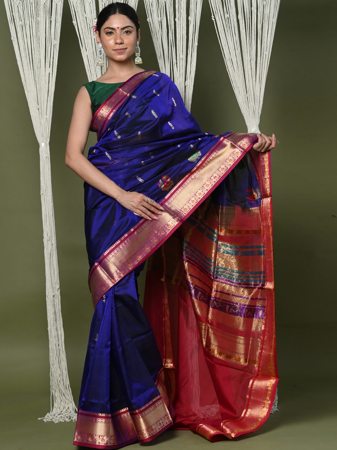 

Very Much Indian Ethnic Motif Woven Design Zari Pure Cotton Paithani Saree, Blue