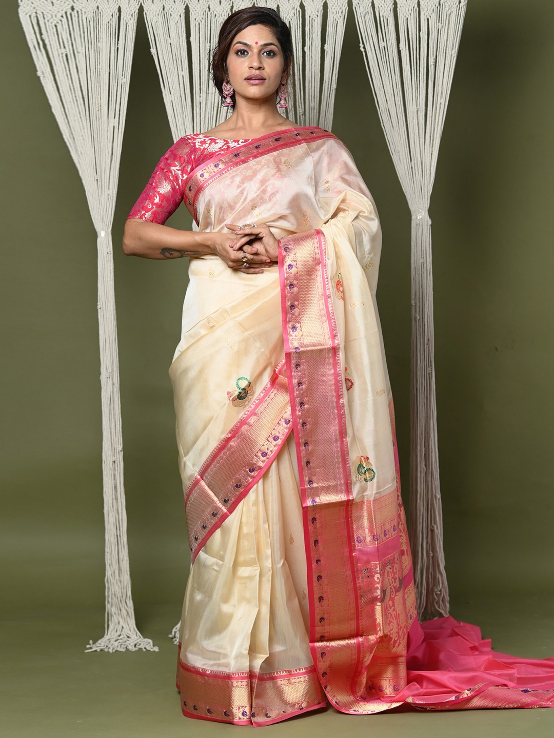 

Very Much Indian Ethnic Motif Woven Design Zari Pure Cotton Paithani Saree, Beige