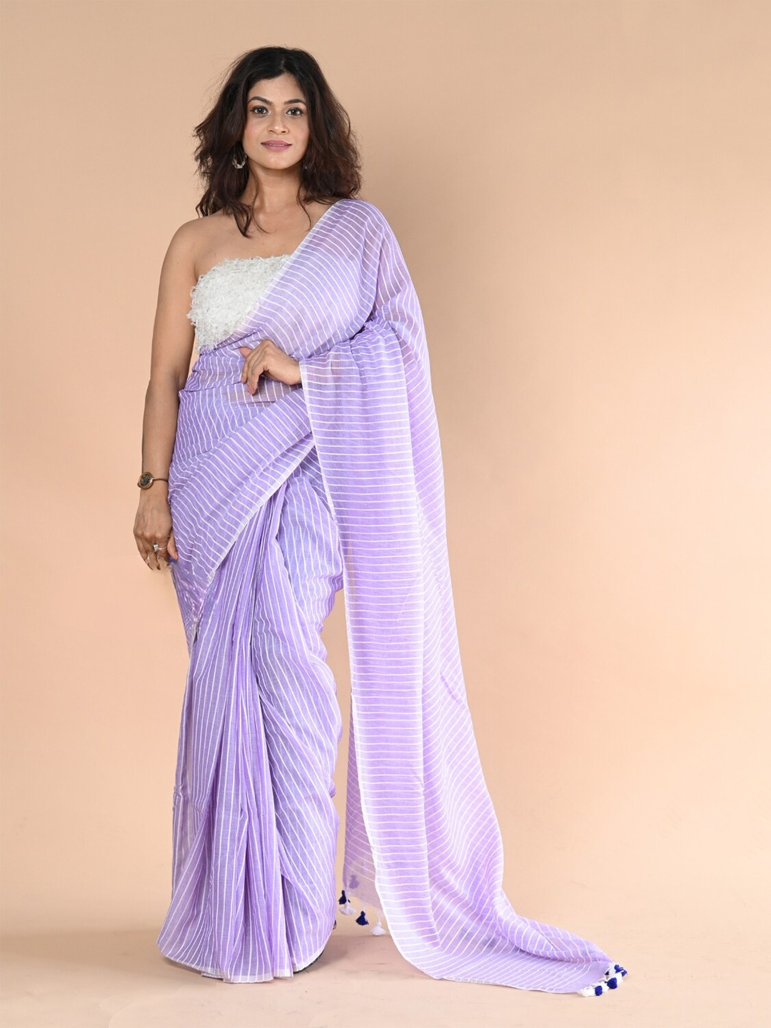 

Very Much Indian Striped Pure Cotton Saree, Lavender