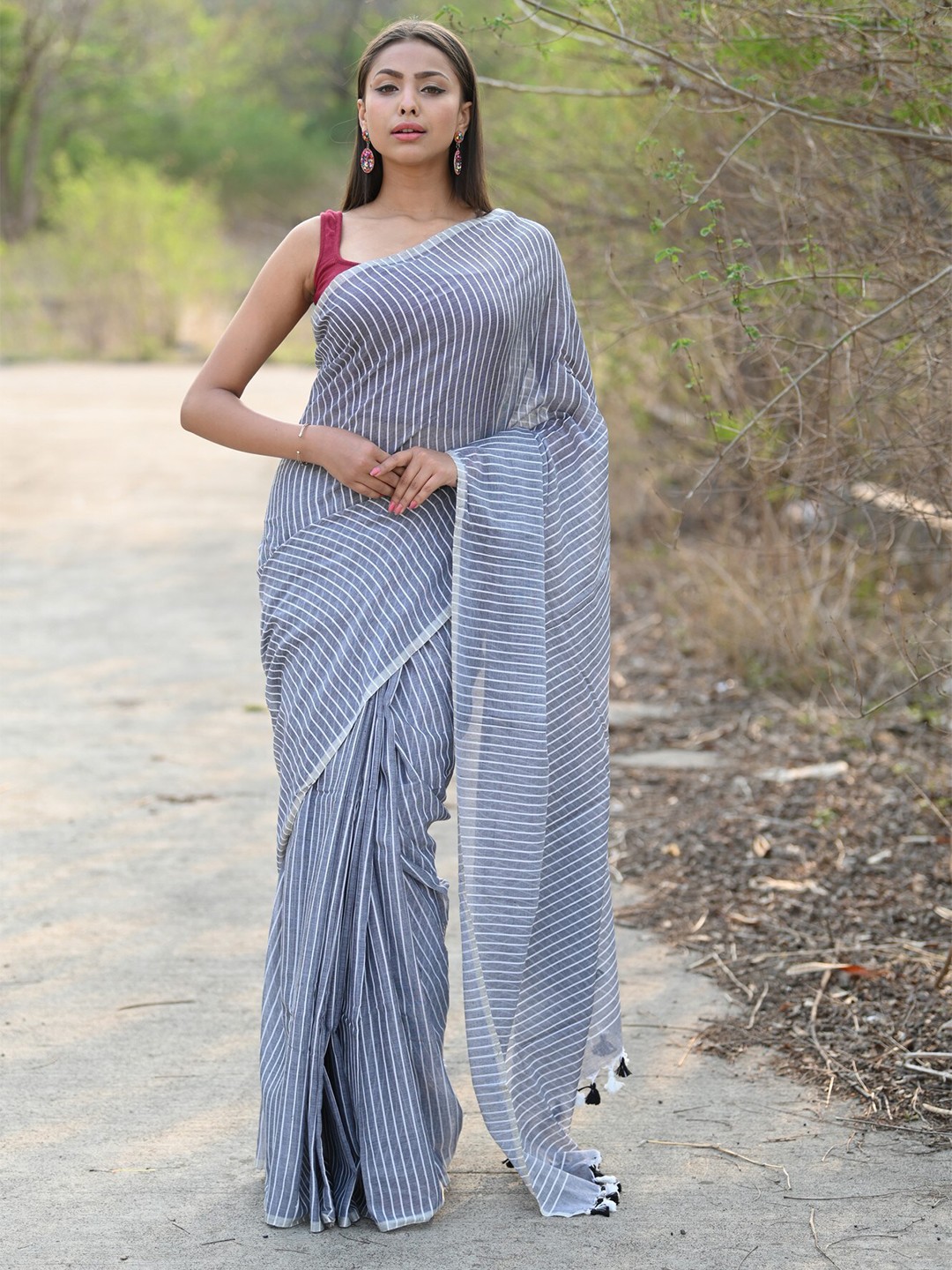 

Very Much Indian Striped Pure Cotton Saree With Blouse Piece, Grey