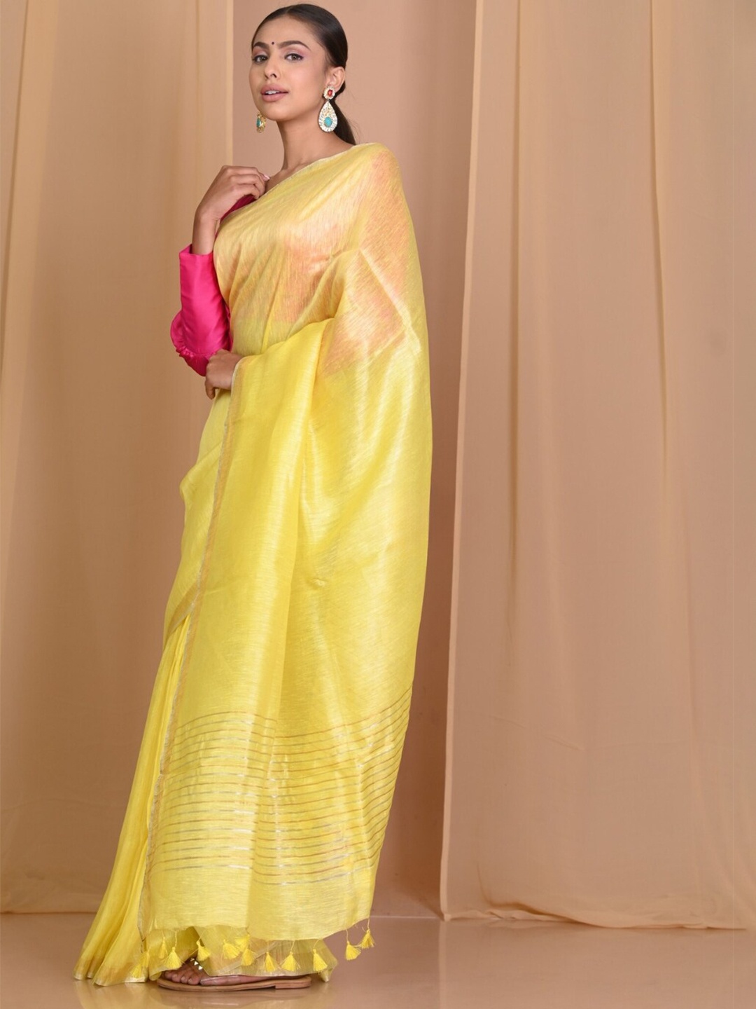 

Very Much Indian Pure Linen Saree With Blouse Piece, Yellow
