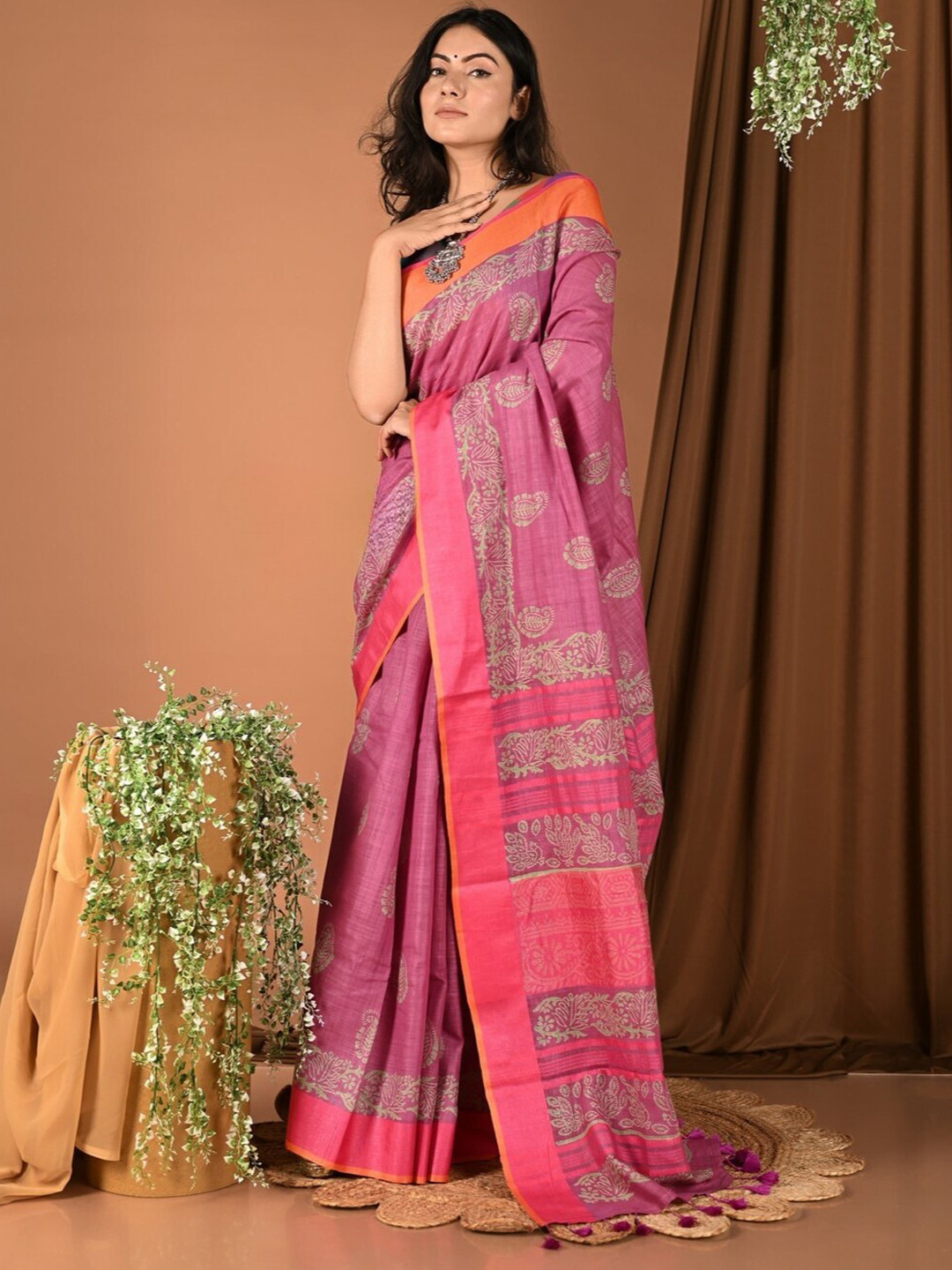 

Very Much Indian Paisley Pure Cotton Saree With Blouse Piece, Pink