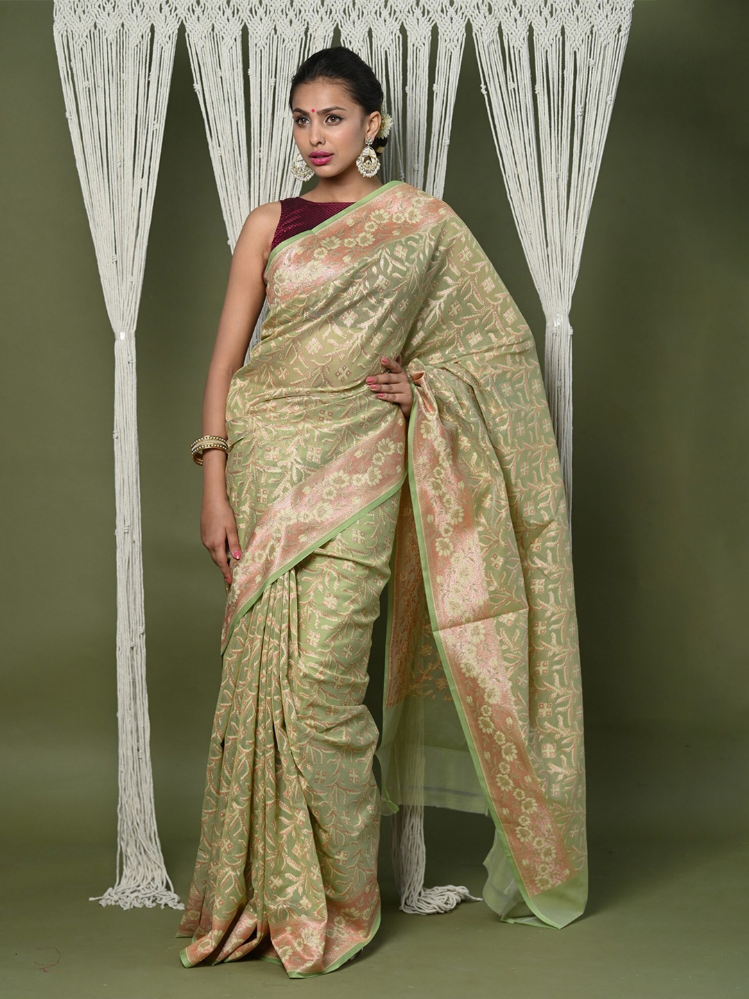 

Very Much Indian Zari Pure Cotton Banarasi Saree, Green