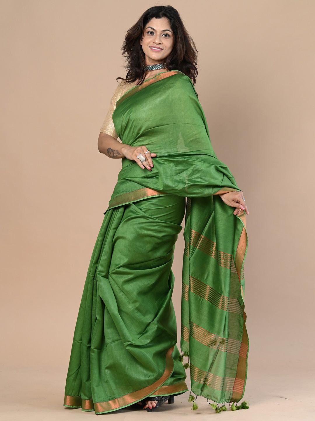 

Very Much Indian Zari Silk Cotton Handloom Saree, Green