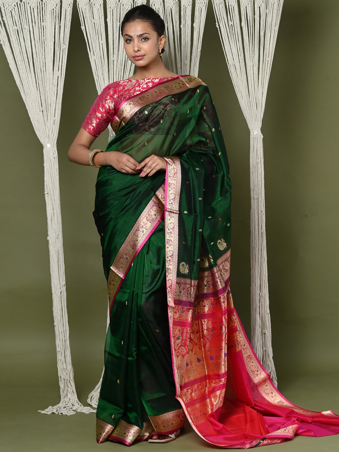 

Very Much Indian Ethnic Motif Woven Design Zari Pure Cotton Paithani Saree, Green