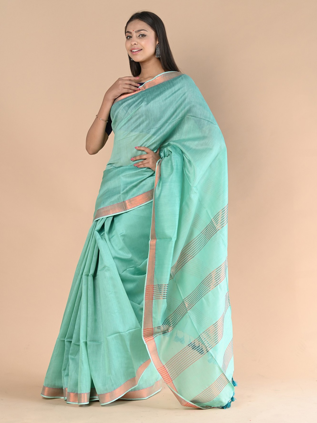

Very Much Indian Zari Silk Cotton Handloom Saree, Green