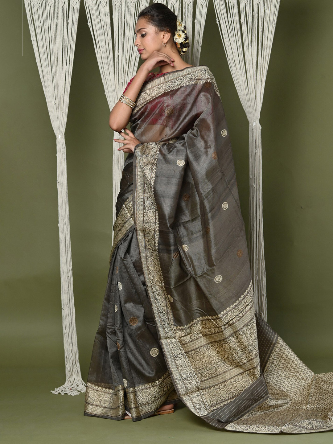 

Very Much Indian Banarasi Tussar Silk Saree, Grey