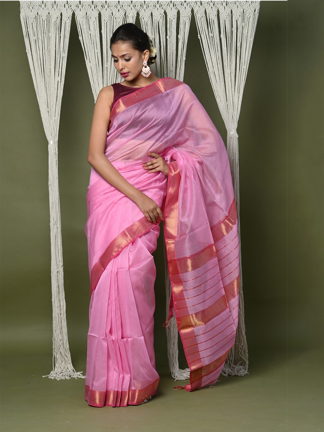 

Very Much Indian Woven Design Zari Silk Cotton Saree With Blouse Piece, Pink