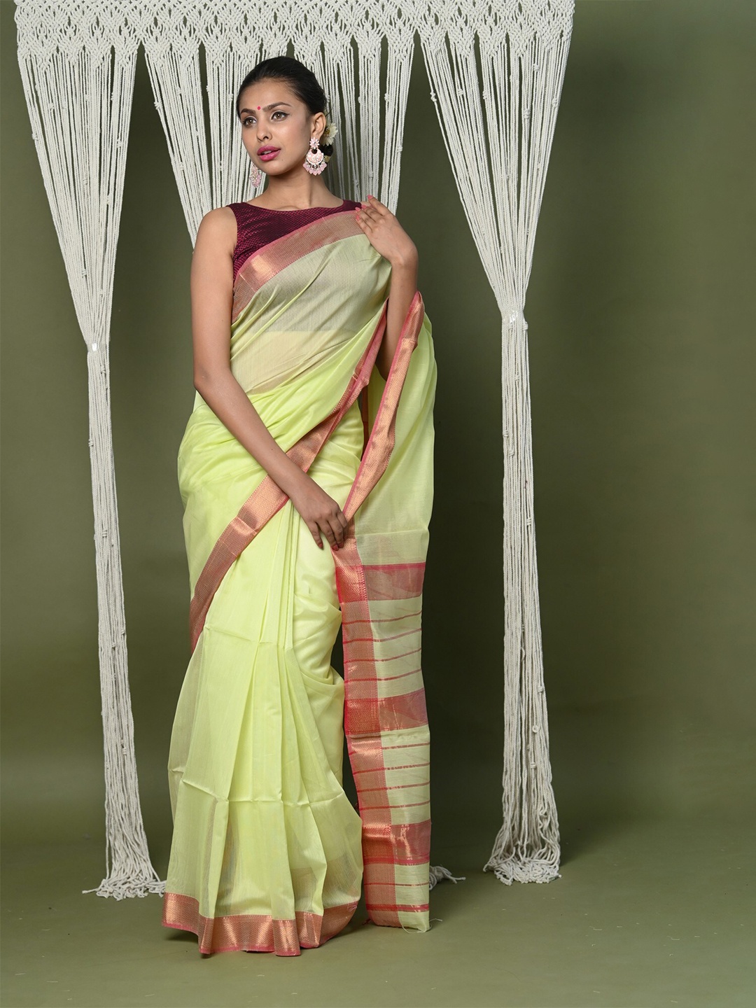

Very Much Indian Woven Design Zari Silk Cotton Saree With Blouse Piece, Green