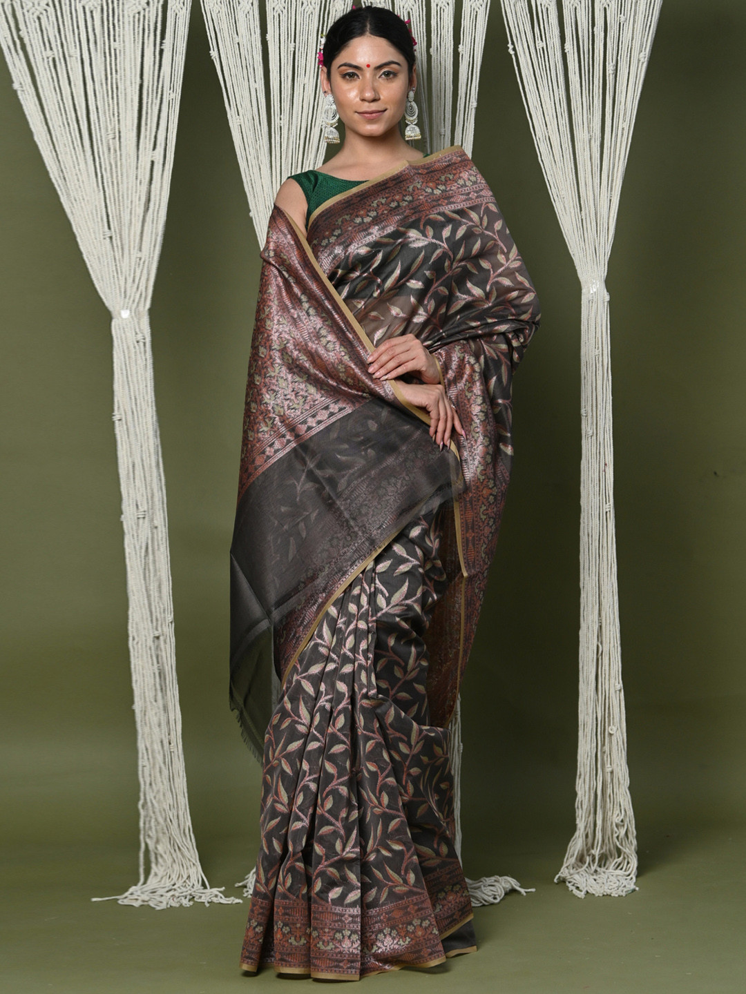 

Very Much Indian Floral Woven Design Zari Pure Cotton Banarasi Saree, Brown