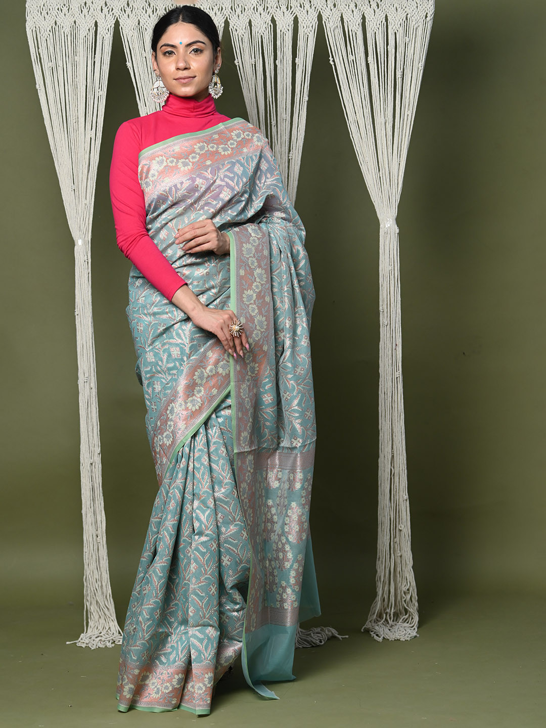 

Very Much Indian Floral Woven Design Zari Pure Cotton Banarasi Saree, Blue