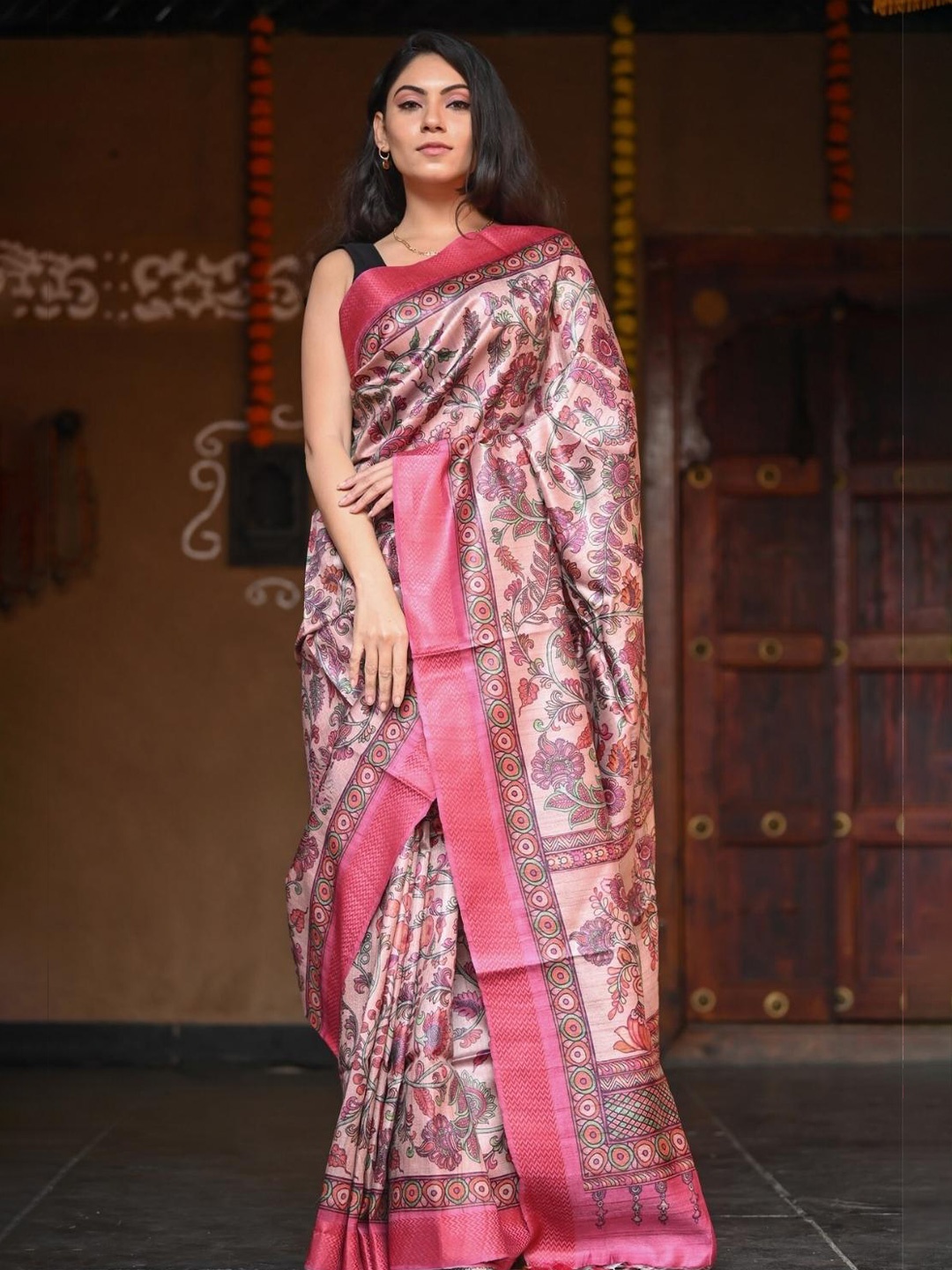 

Very Much Indian Floral Printed Pure Silk Saree, Pink
