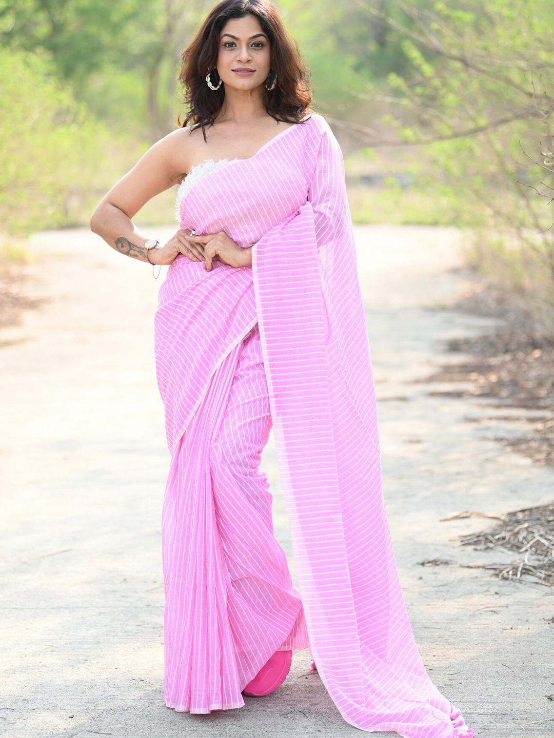 

Very Much Indian Striped Pure Cotton Saree, Pink