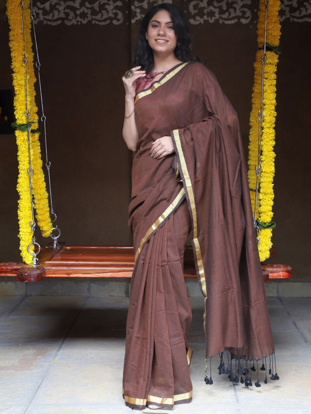 

Very Much Indian Zari Pure Cotton Saree, Brown