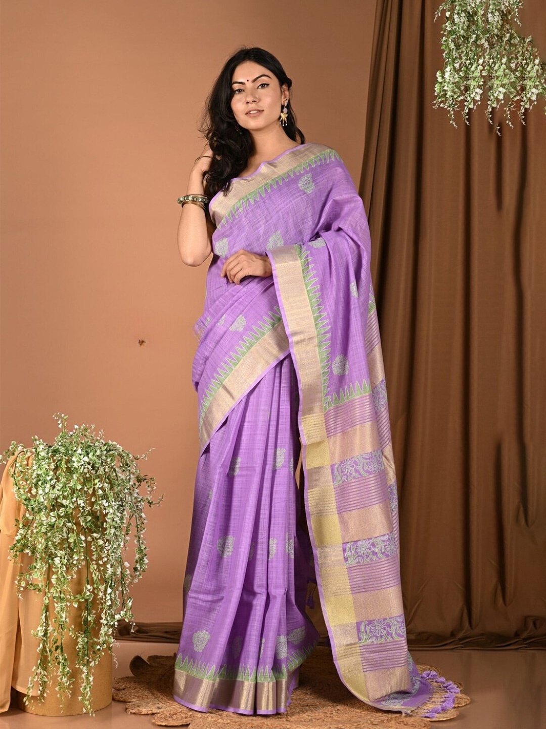 

Very Much Indian Ethnic Motifs Printed Zari Pure Cotton Saree, Purple