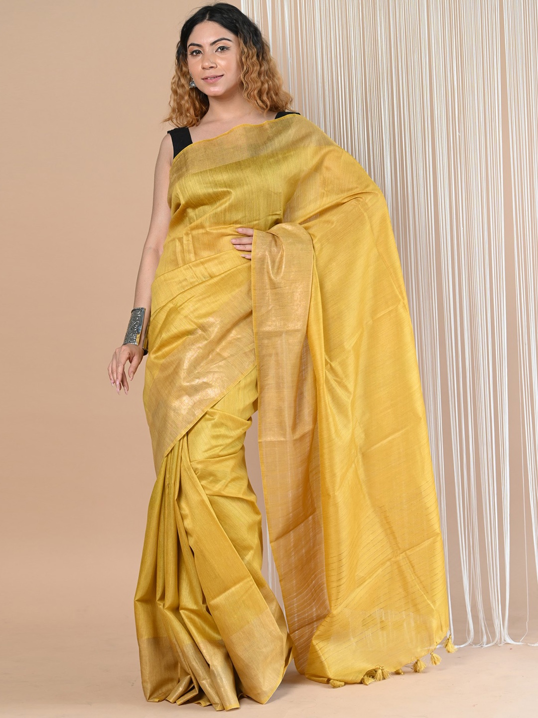 

Very Much Indian Zari Pure Silk Tussar Saree, Yellow
