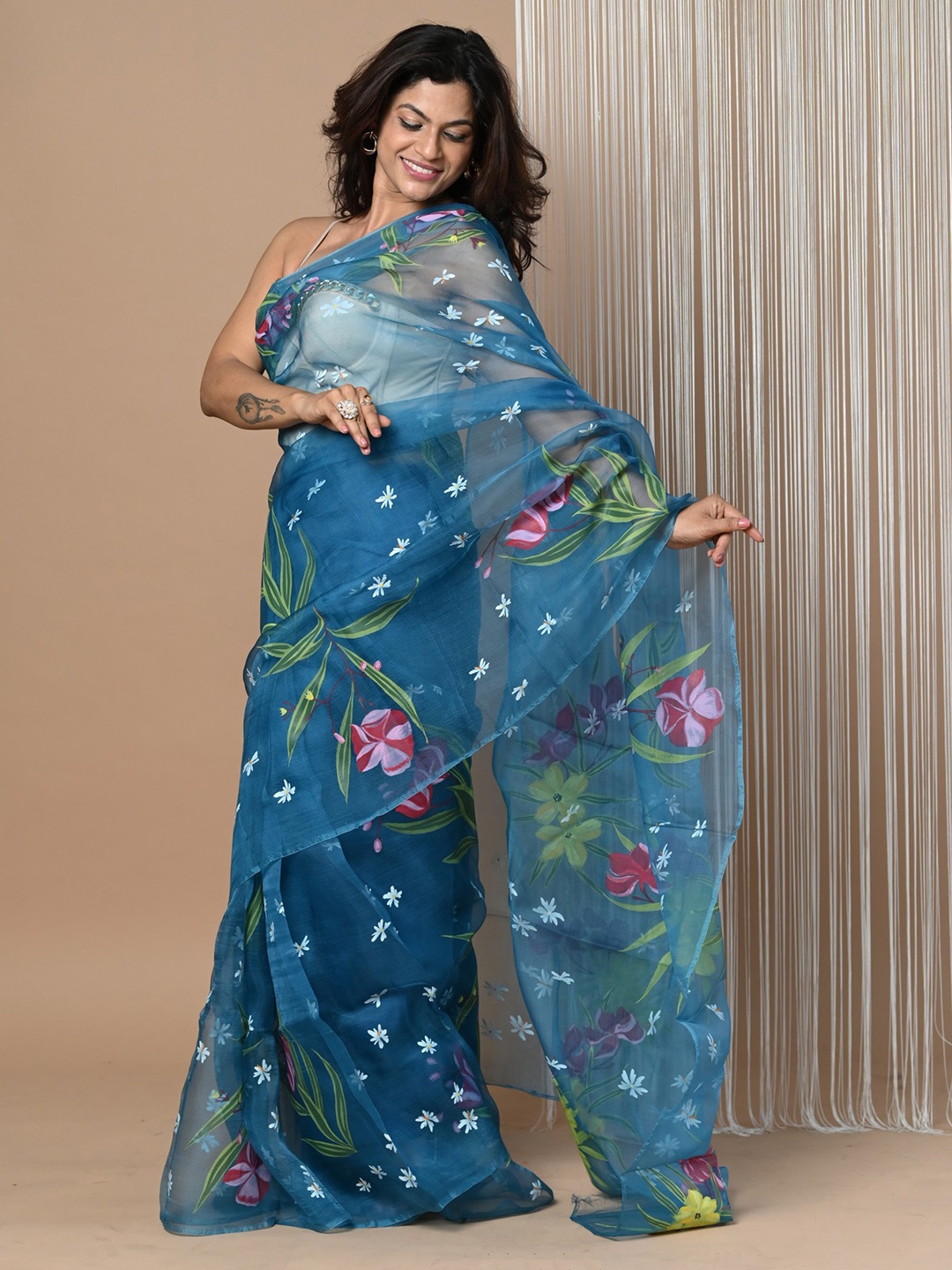 

Very Much Indian Floral Printed Organza Saree, Blue