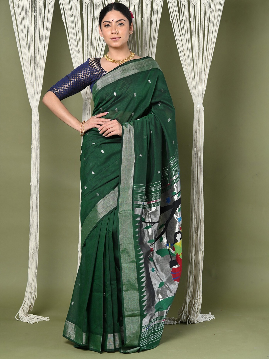 

Very Much Indian Woven Design Zari Pure Cotton Paithani Saree, Green