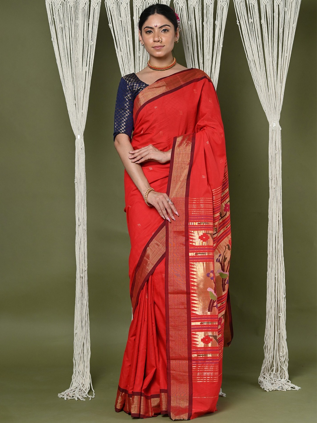 

Very Much Indian Woven Design Zari Pure Cotton Handloom Paithani Saree, Red
