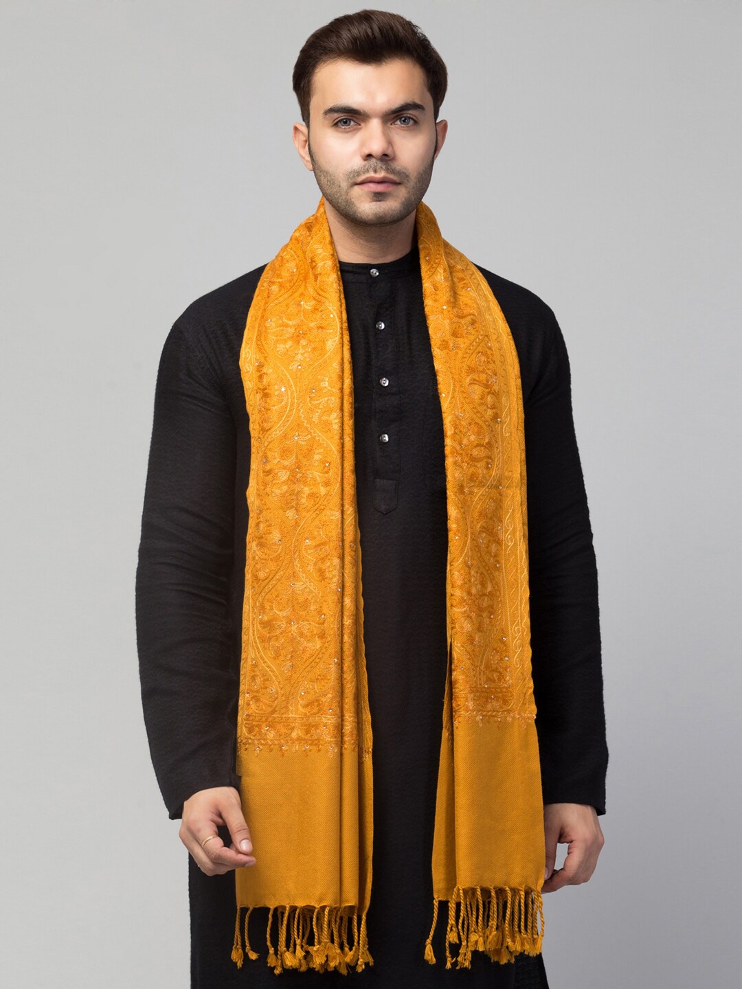 

Tweedle Embroidered Tasselled Acrylic Shawl, Mustard