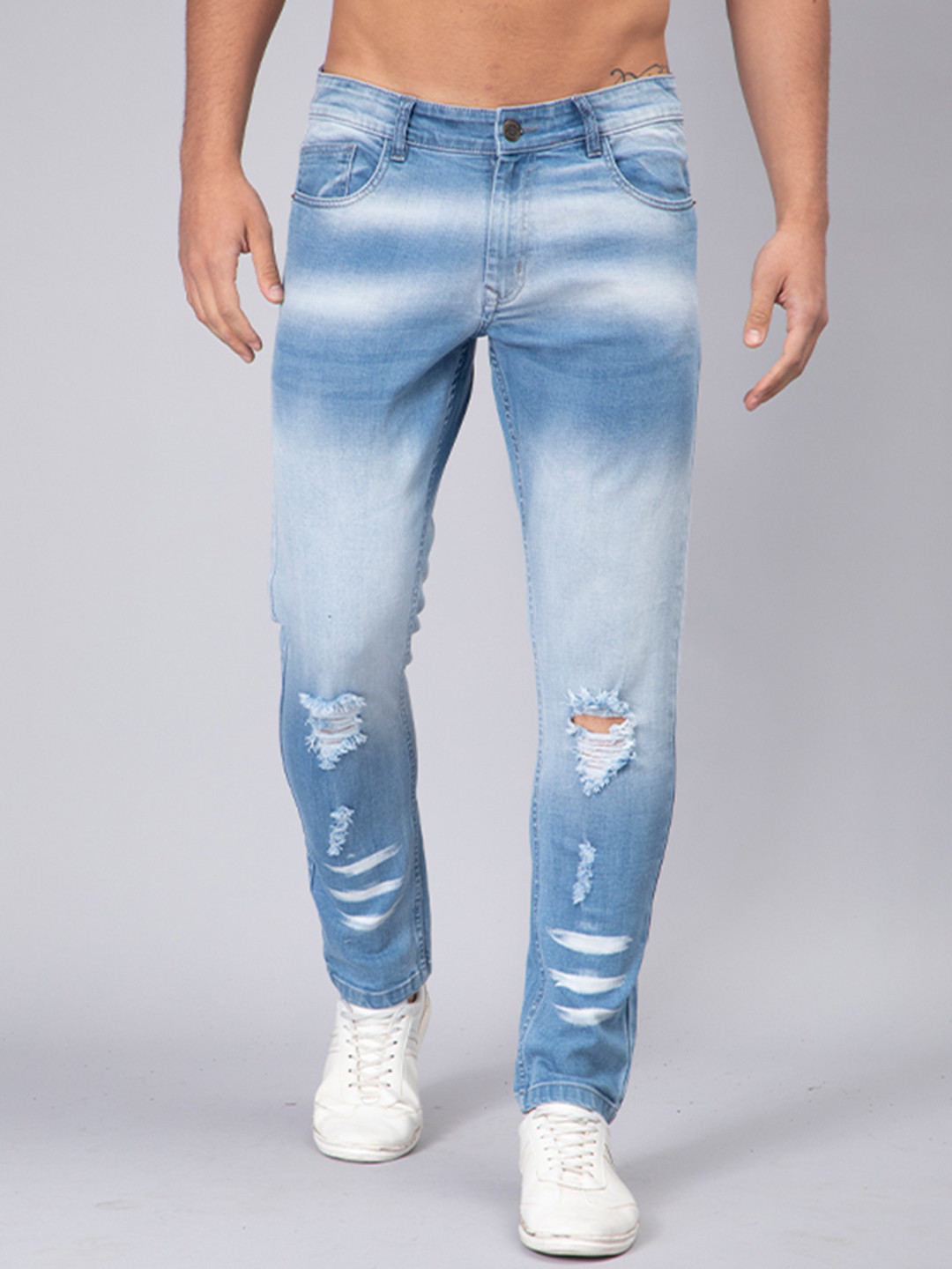 

PEPLOS Men Slim Fit Mildly Distressed Heavy Fade Ripped Stretchable Jeans, Blue