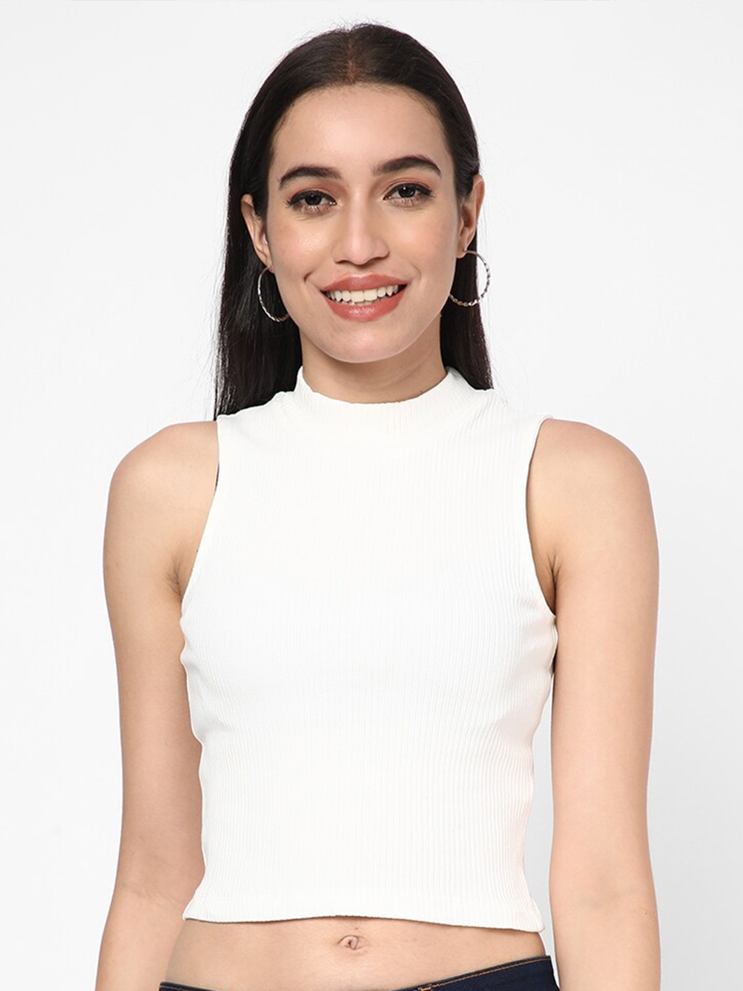 

R&B High Neck Fitted Crop Top, White