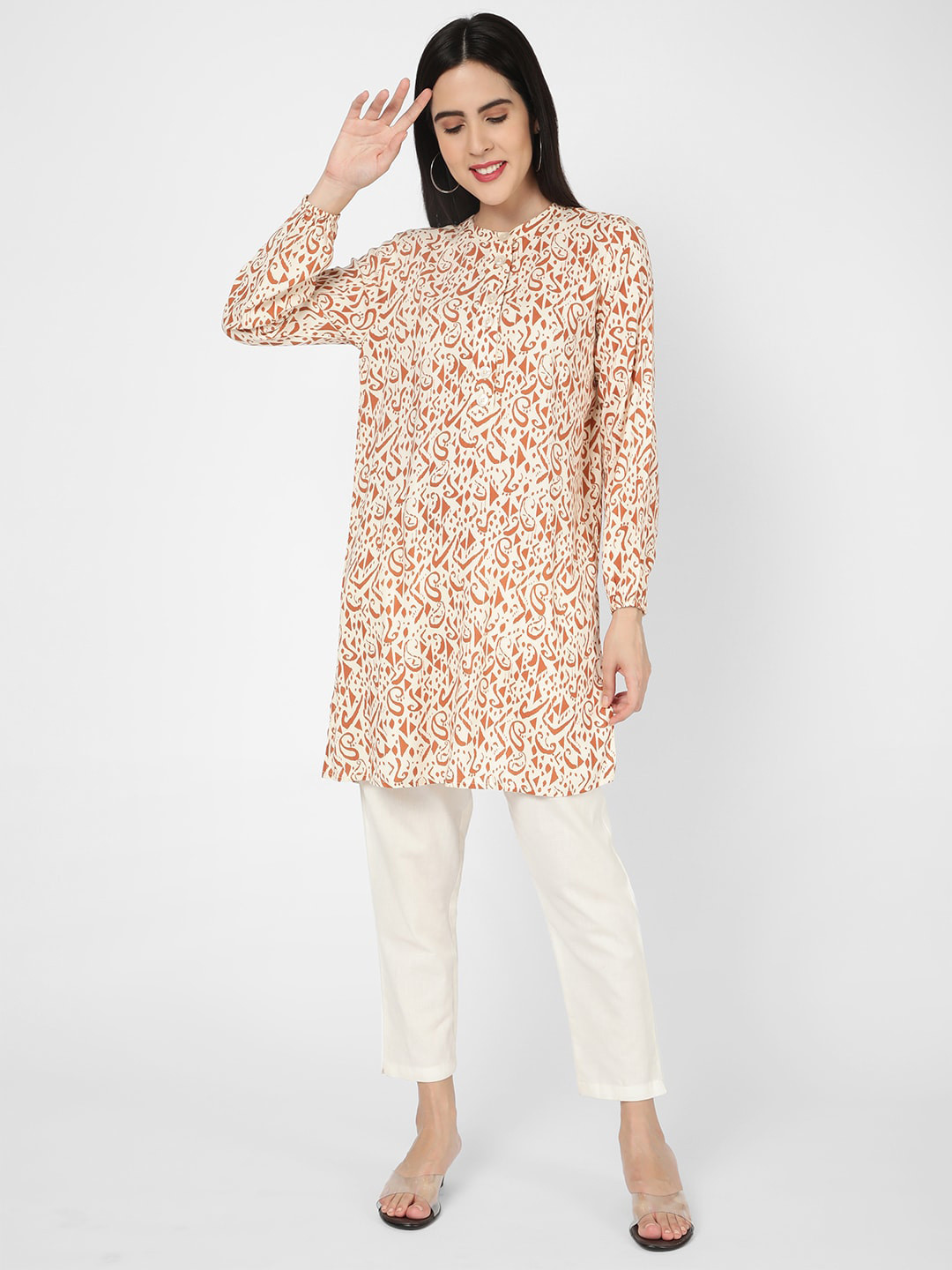 

R&B Ethnic Printed Mandarin Collar Tunic, White
