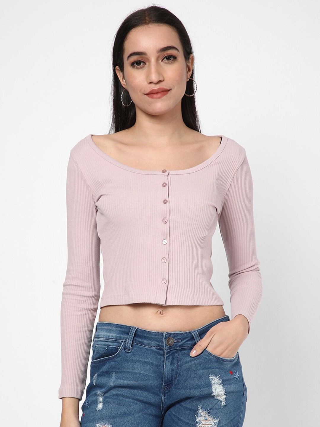 

R&B Scoop Neck Cotton Fitted Crop Top, Purple