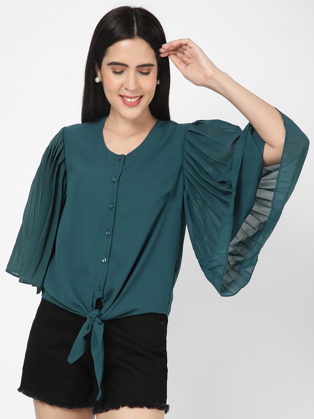 

R&B Flared Sleeves Shirt Style Top, Green