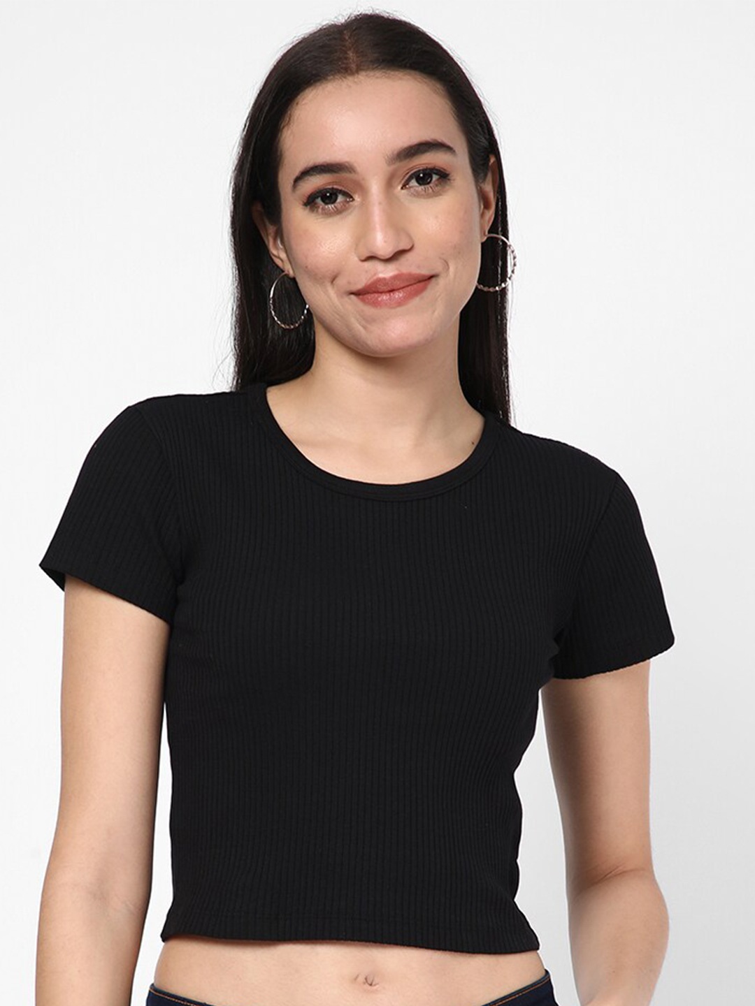 

R&B Round Neck Fitted Cotton Crop Top, Black
