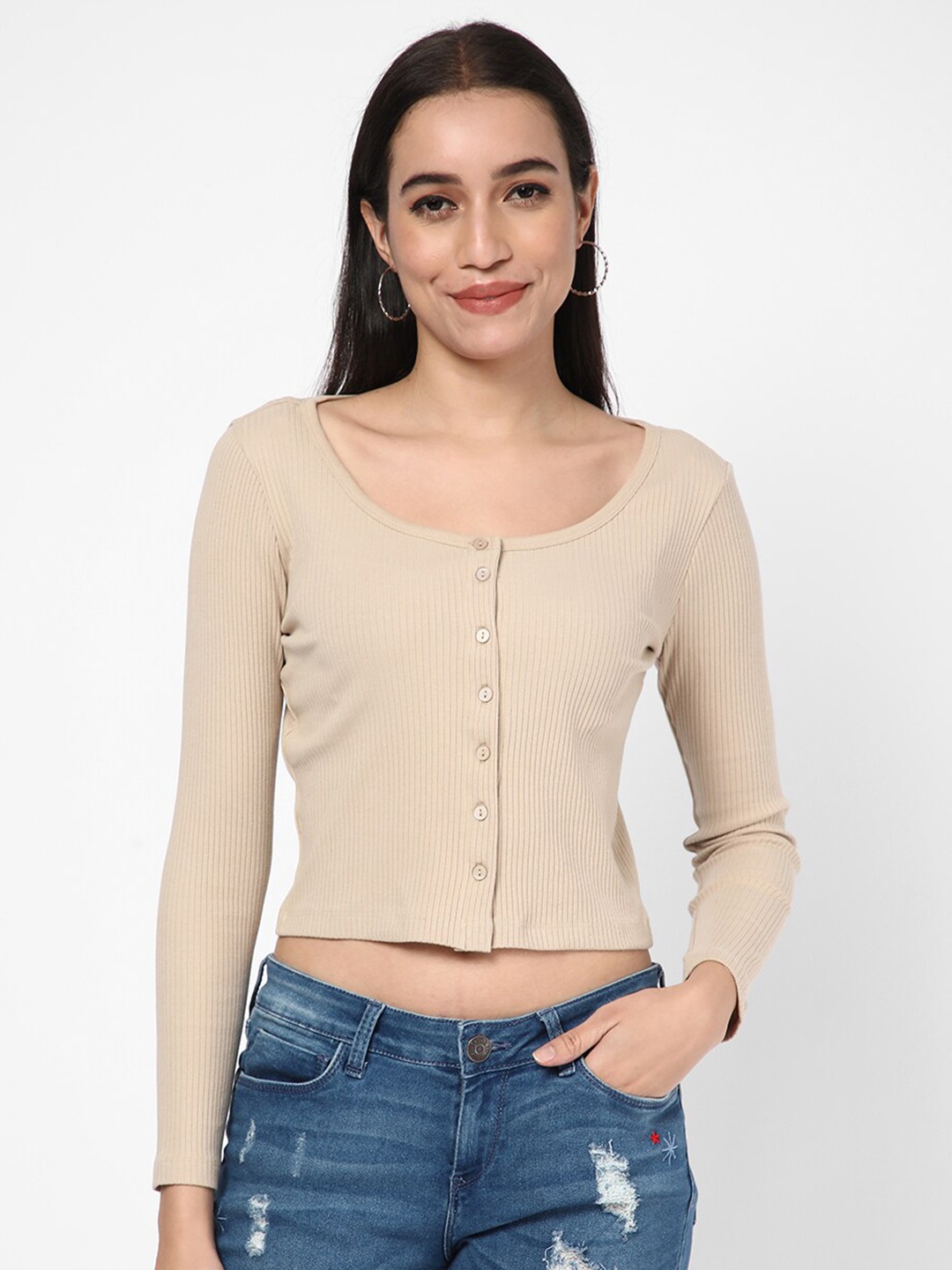 

R&B Scoop Neck Cotton Fitted Crop Top, Beige