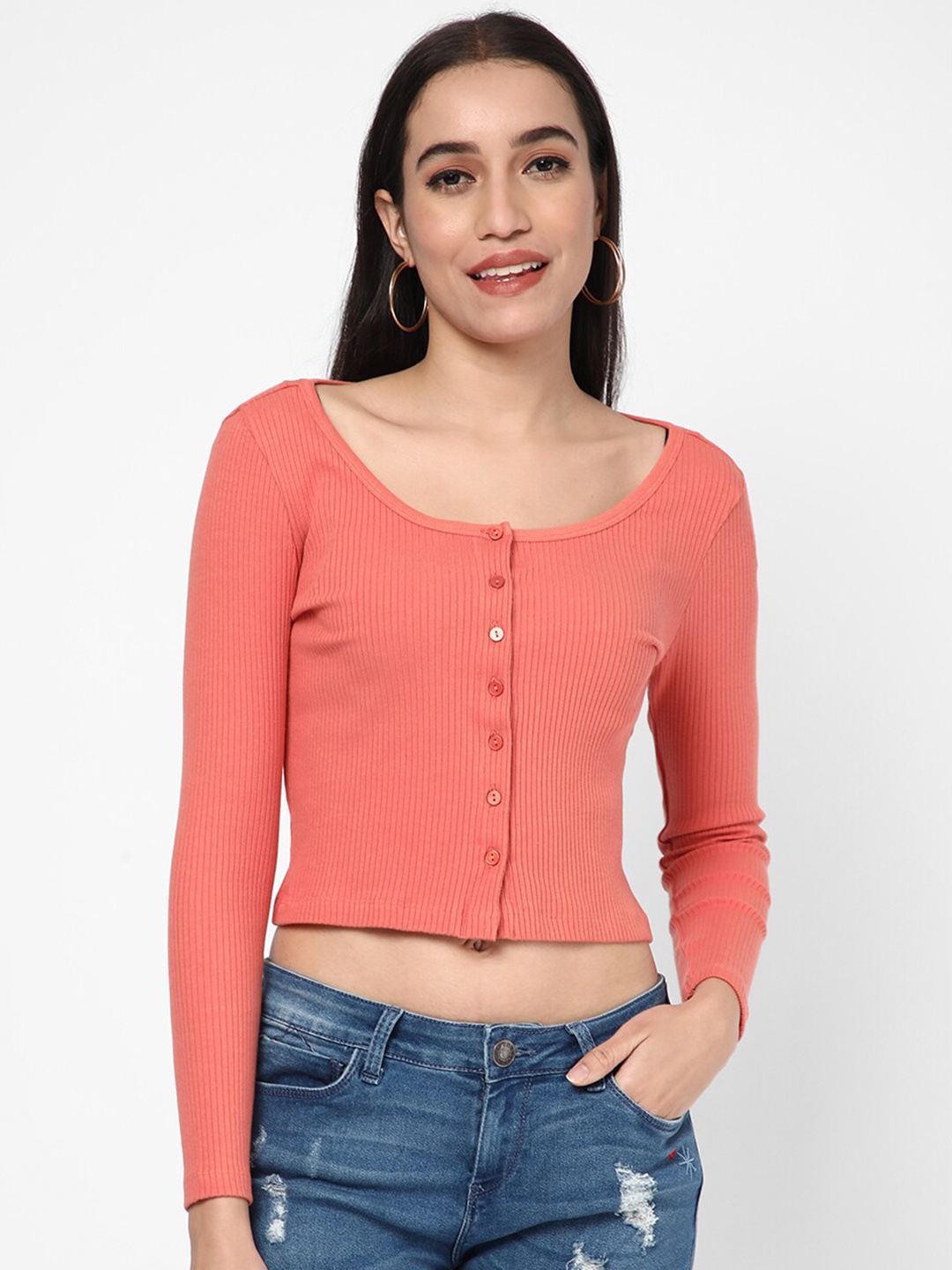 

R&B Scoop Neck Cotton Fitted Crop Top, Pink