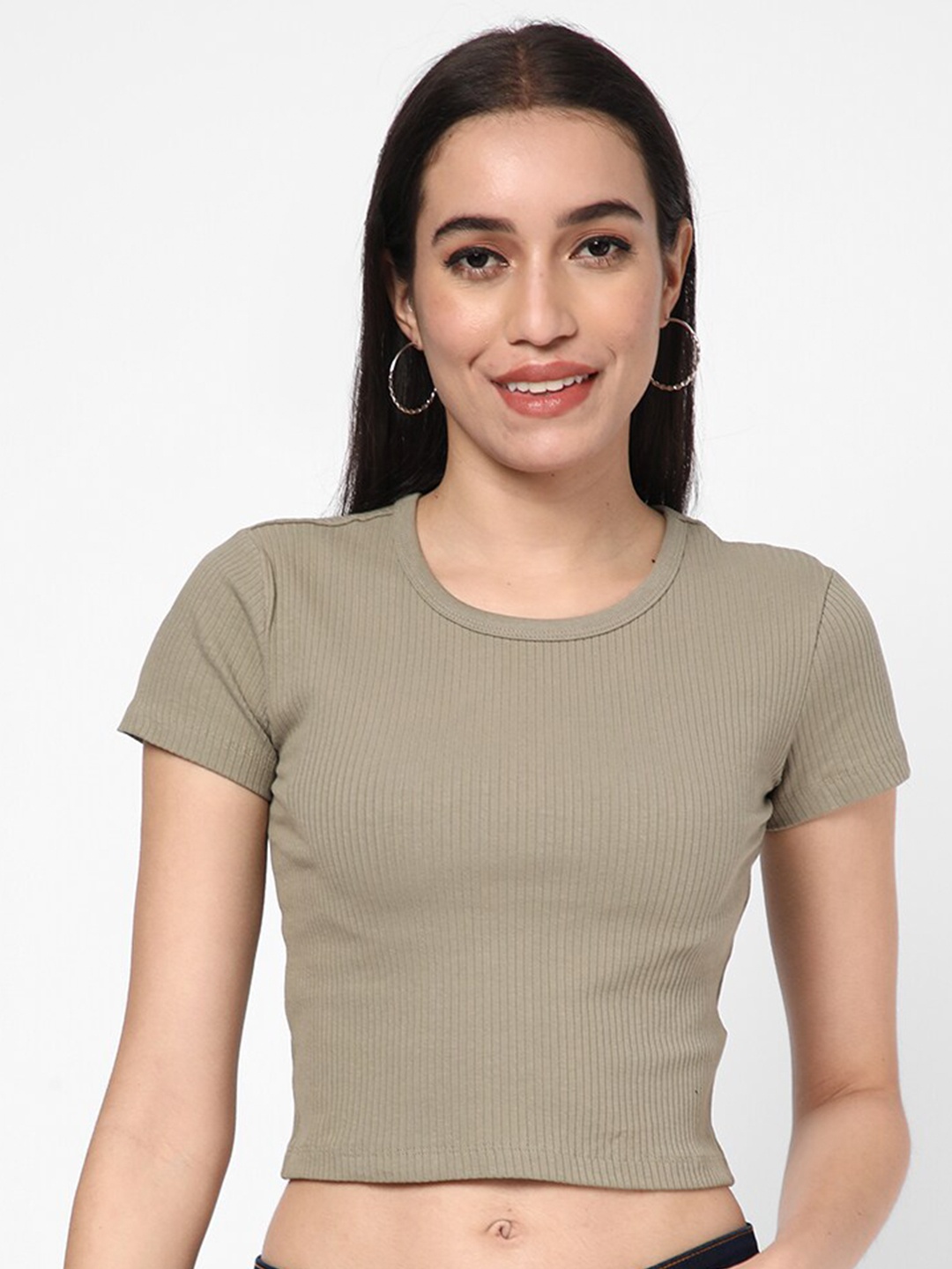 

R&B Round Neck Fitted Cotton Crop Top, Green