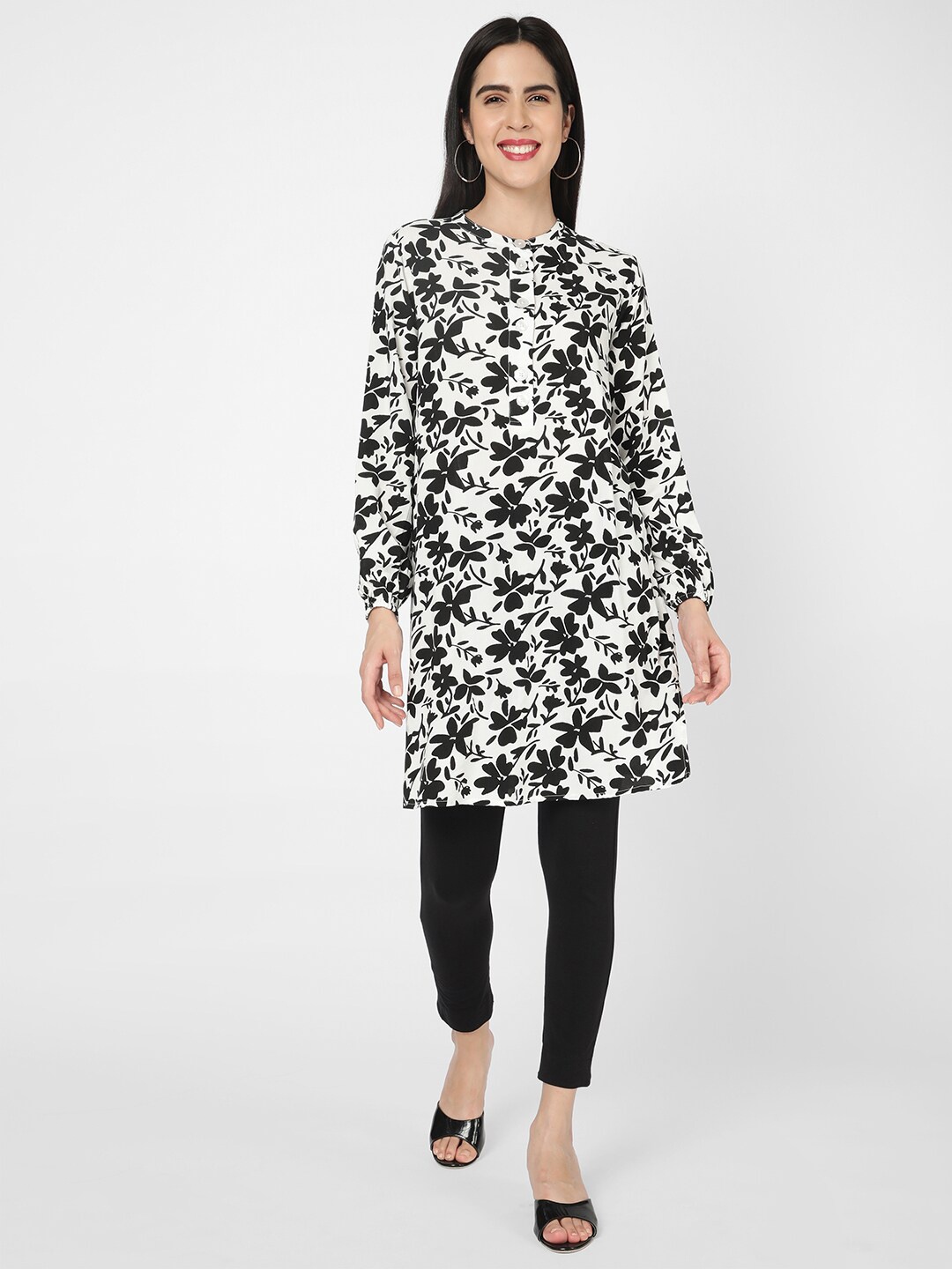 

R&B Floral Printed Mandarin Collar Tunic, White